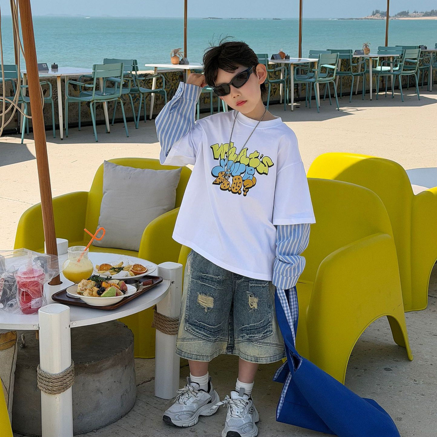 韩系 2026夏季新款儿童韩版休闲拼接卡通T恤男童假两件长袖上衣潮