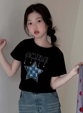 2025夏新款SMILE烫钻星星贴布T恤儿童棉短袖亲肤透气上衣打底衫韩