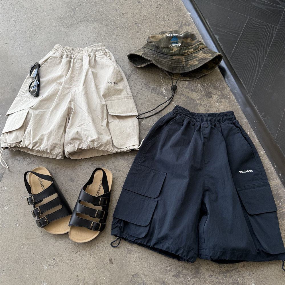 夏季儿童美式多口袋抽绳工装中裤男童女童帅气字母滑板薄款五分裤