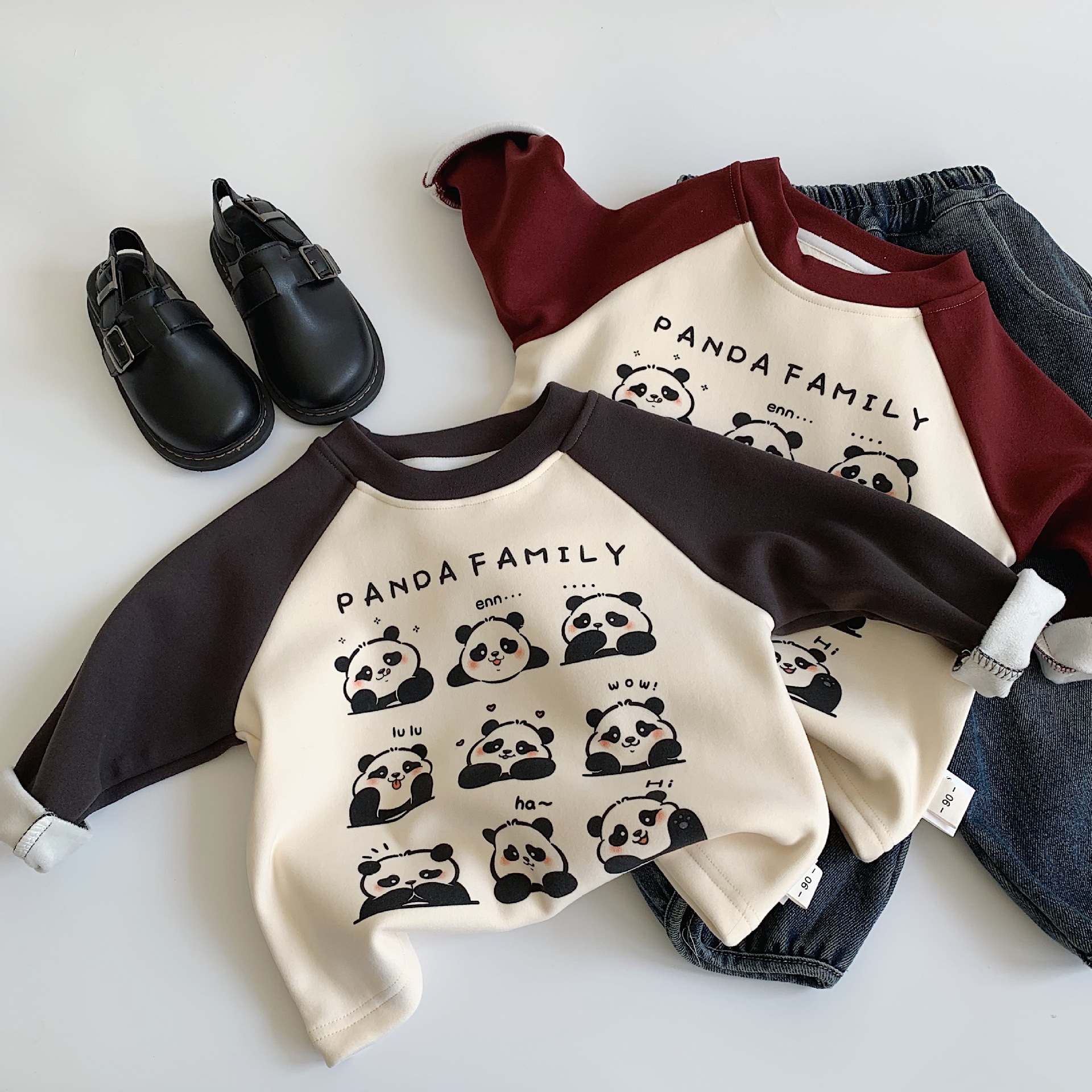 【清仓不退不换】冬季新款中小童熊猫插肩加绒打底衣保暖上衣韩系