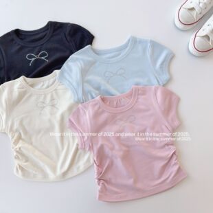 2026女童修身美式短款正肩辣妹蝴蝶结烫钻短袖T恤弹力修身上衣韩