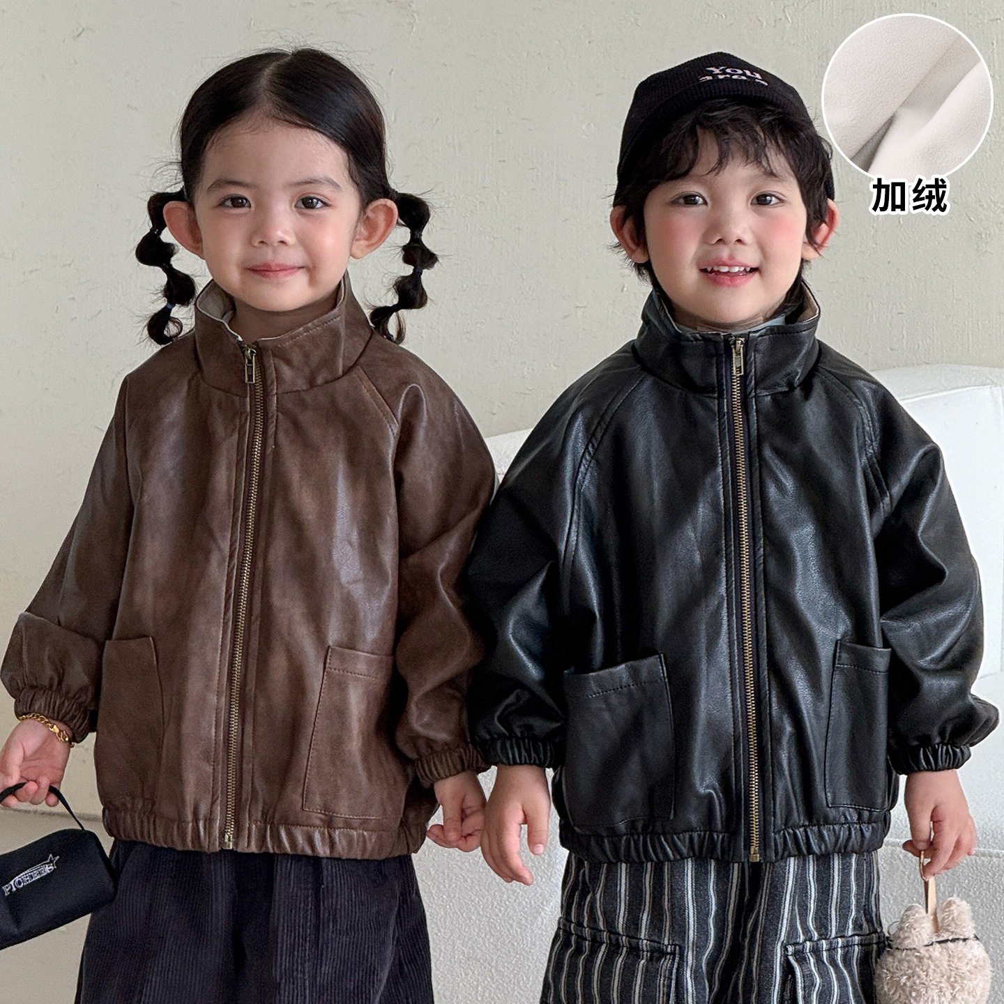 儿童皮衣外套加绒加厚男童PU夹克女童装2026新款秋冬季宝宝上衣韩