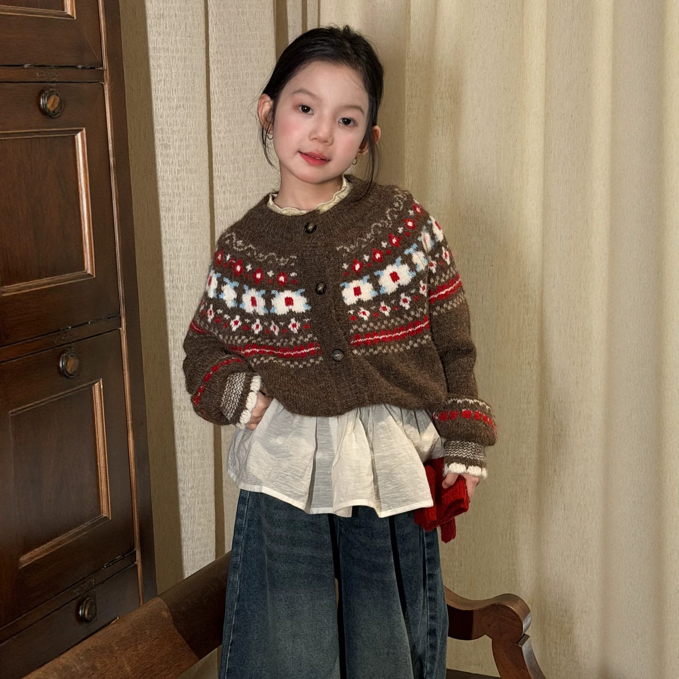 韩柚童毛衣2026秋季女童韩版花朵毛线外套儿童宽松针织费尔岛毛衣