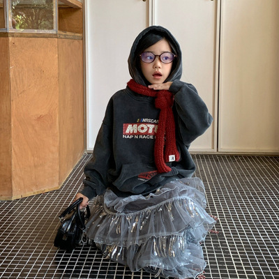 韩版砂洗卫衣2025女童秋冬中大童加绒加厚带帽上衣女孩做旧复古韩