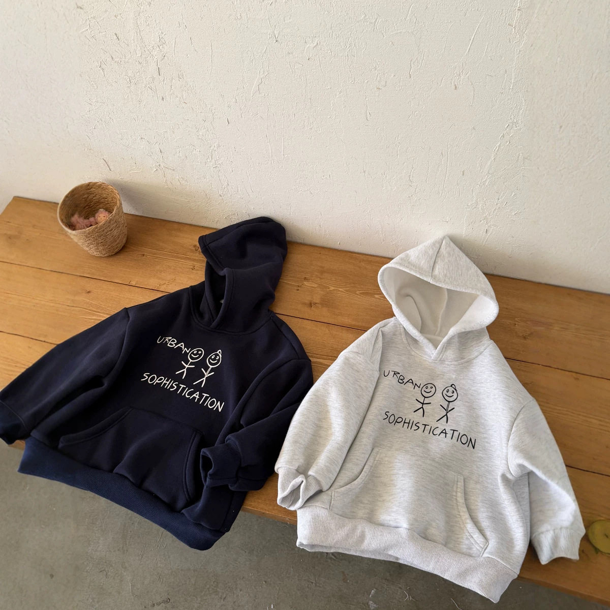 秋冬男女童冬季韩版连帽卫衣美式复古卡通火柴人印花加绒宽松卫衣