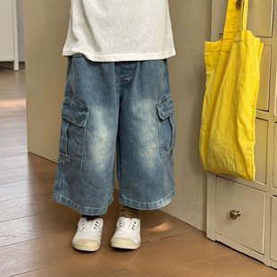 韩系儿童春夏季韩版休闲宽松牛仔八分裤男女中小童重工砂洗工装裤