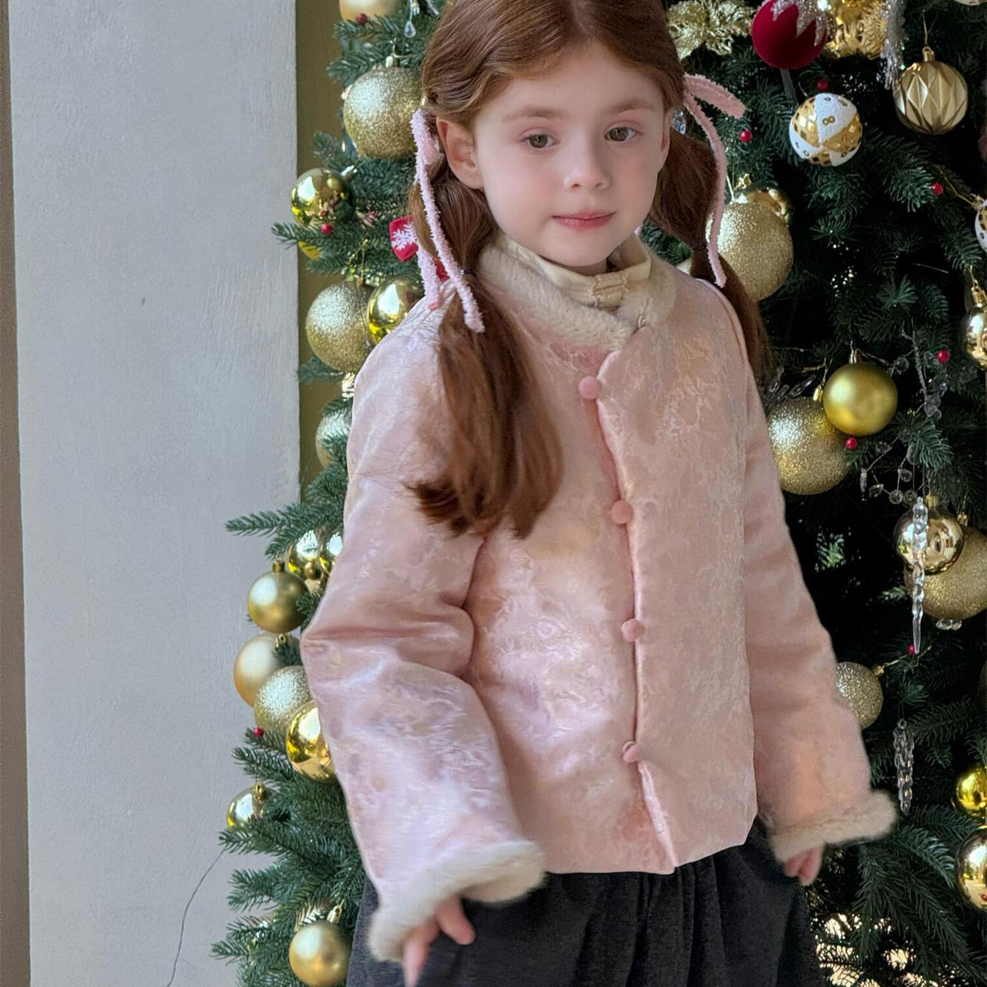 保暖冬韩系童装2025冬季新款女童外套粉色新中式拼毛加棉开衫上衣