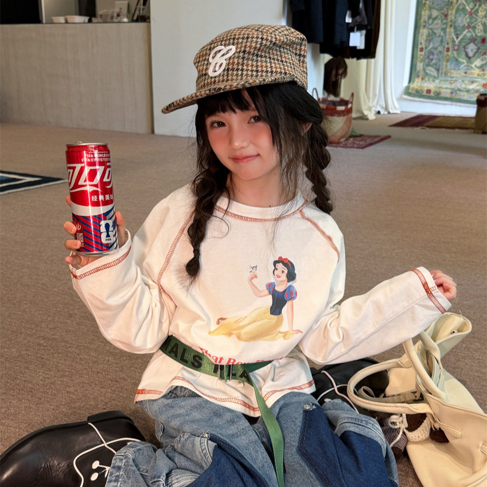 中大女童2026秋款韩版卡通印花T恤儿童休闲插肩袖宽松长袖上衣新