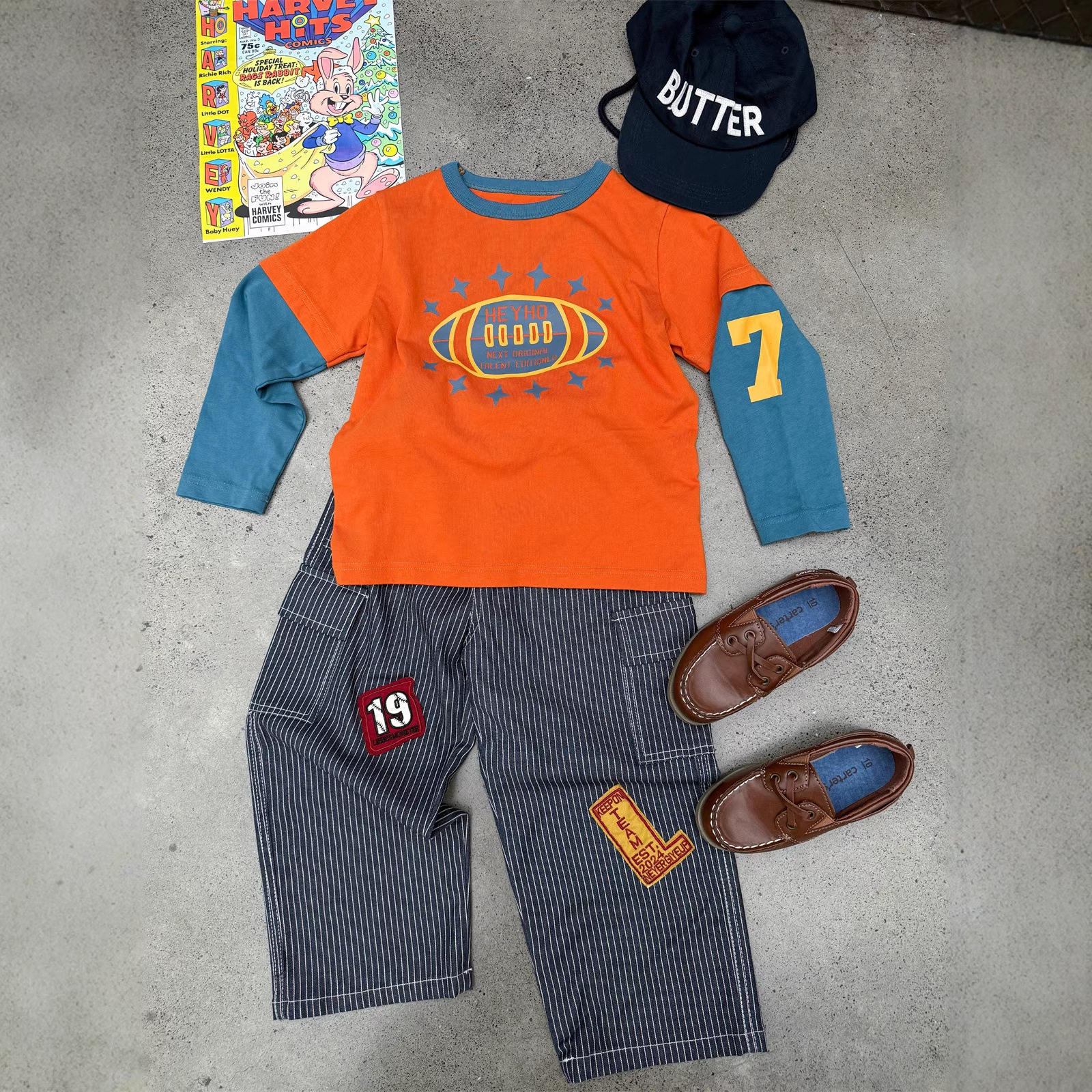 韩系 2026春款儿童百搭拼色假两件长袖T恤男女童春装宽松圆领上衣