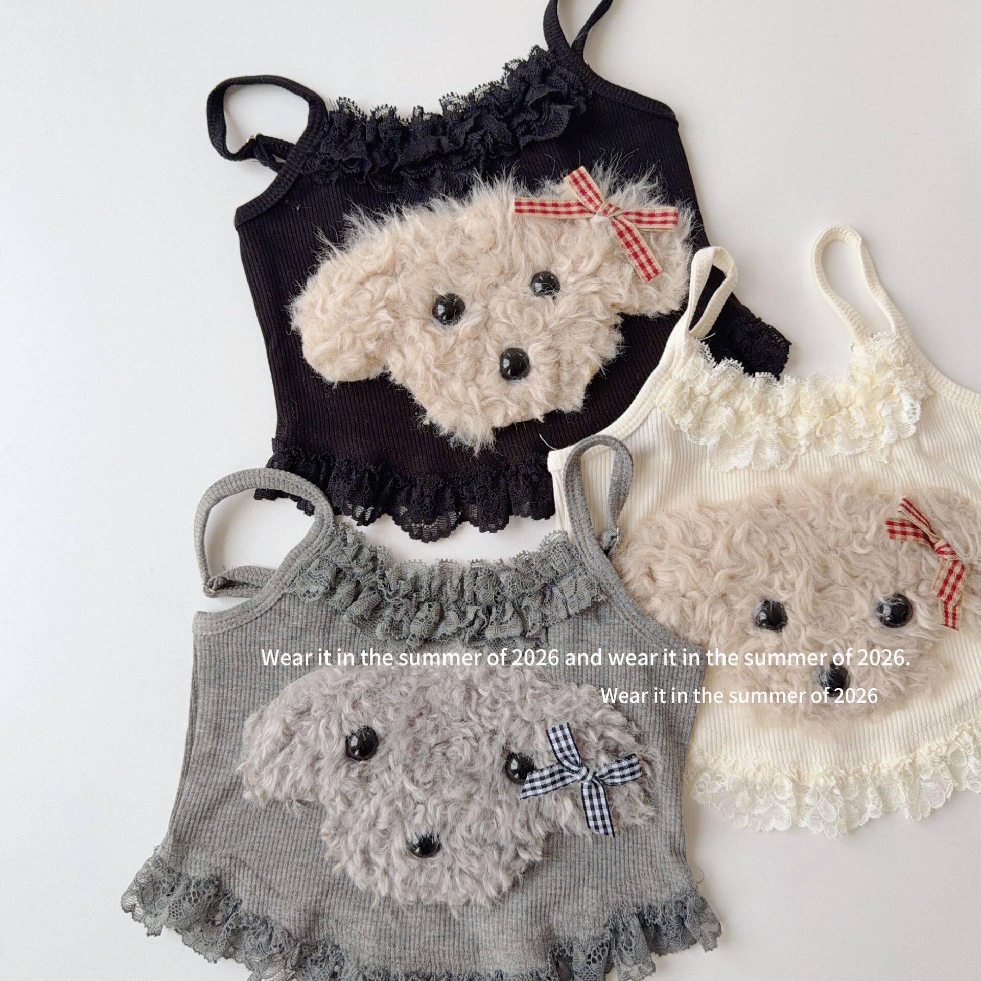 短款上衣吊带 女童立体甜辣妹蕾丝拼接毛毛狗吊带小背心内搭韩系