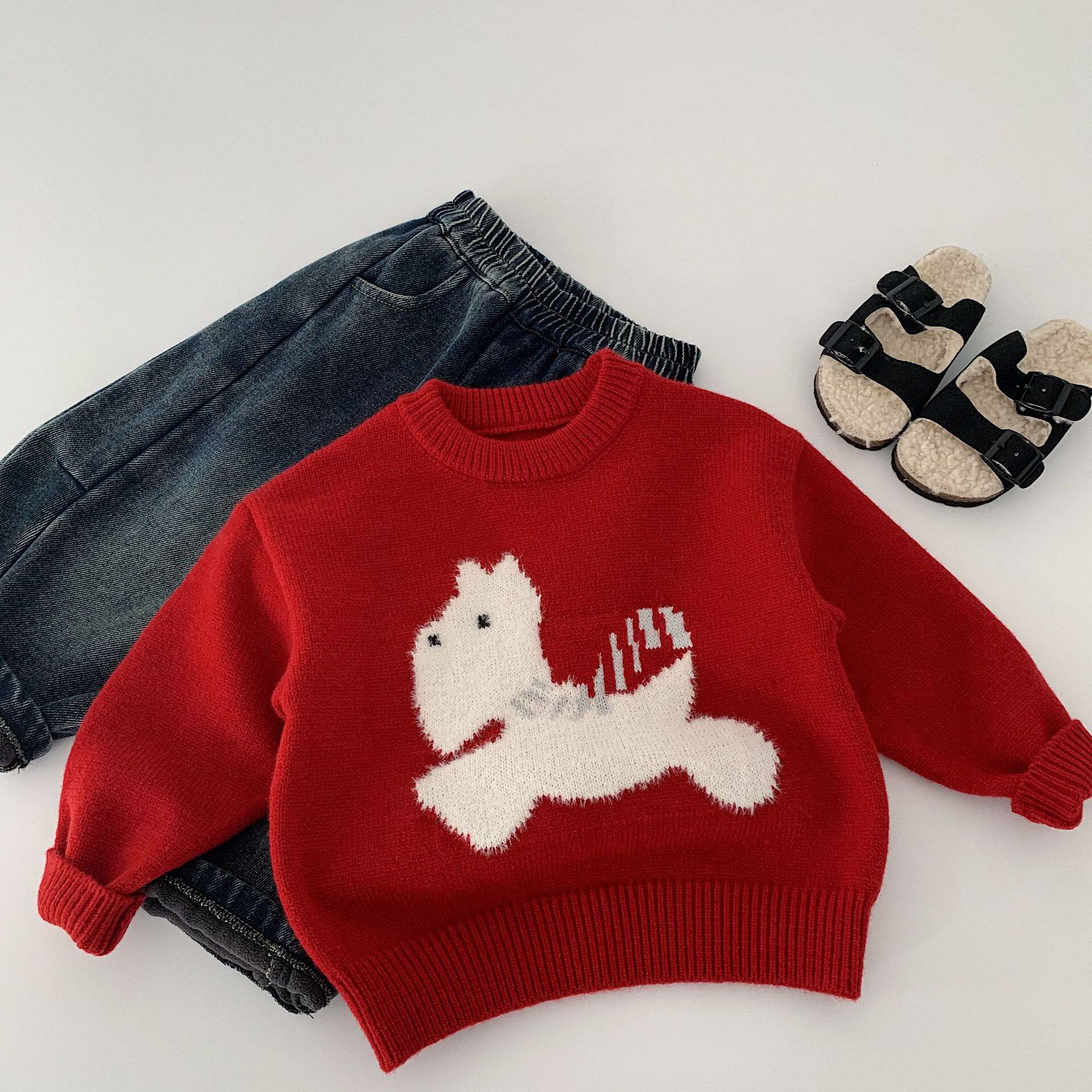 韩系儿童毛衣2025冬季新款男女通提花小狗针织衫小童圆领红色内搭