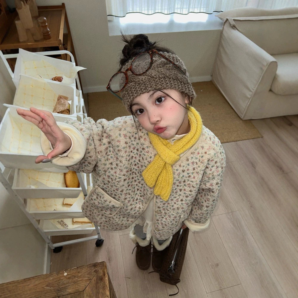 女童韩系外套2026冬季新款女宝加绒加厚碎花毛毛衣儿童保暖冬装暖
