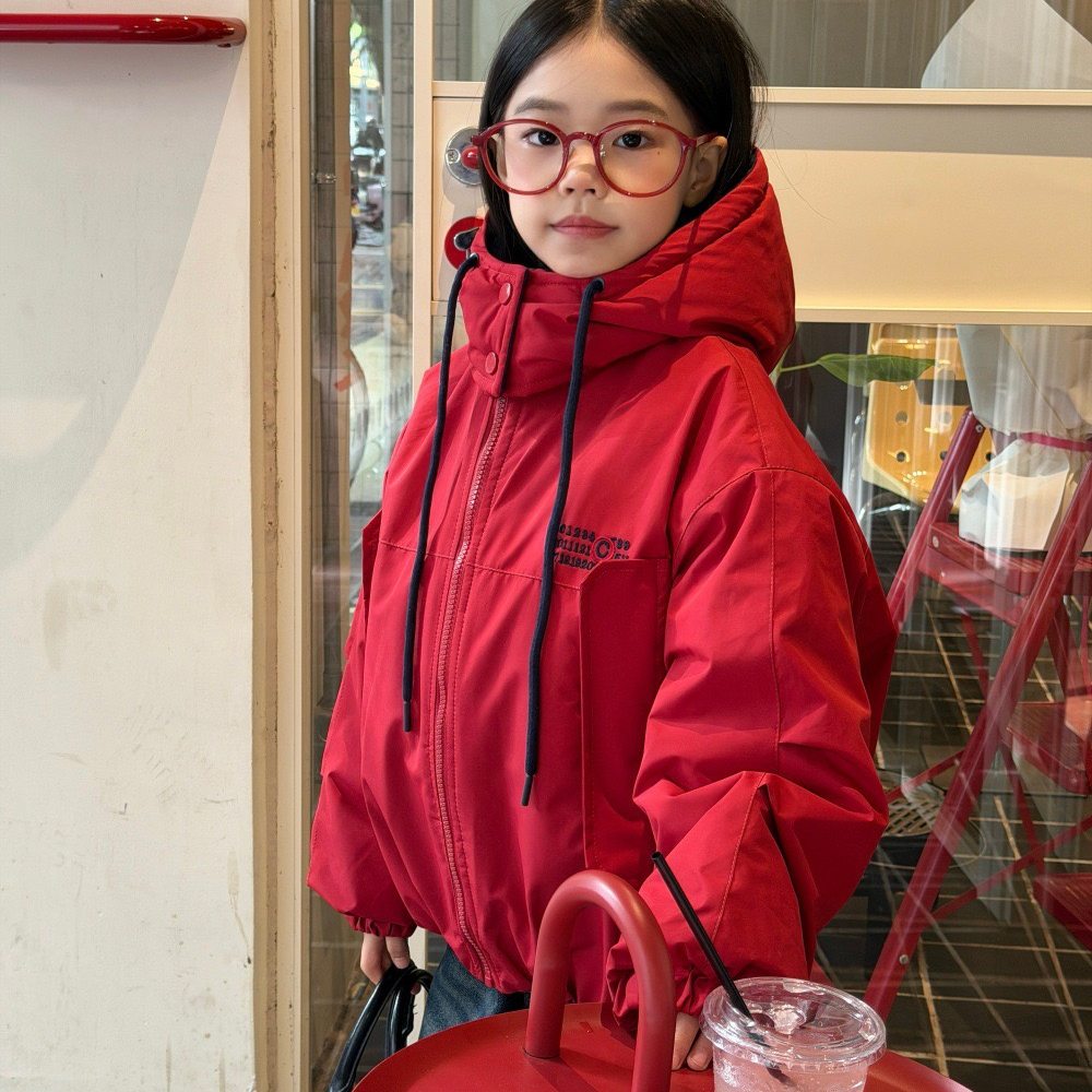 女童冬季2025新款韩版加棉短款带帽外套中大童洋气撞色保暖夹克潮