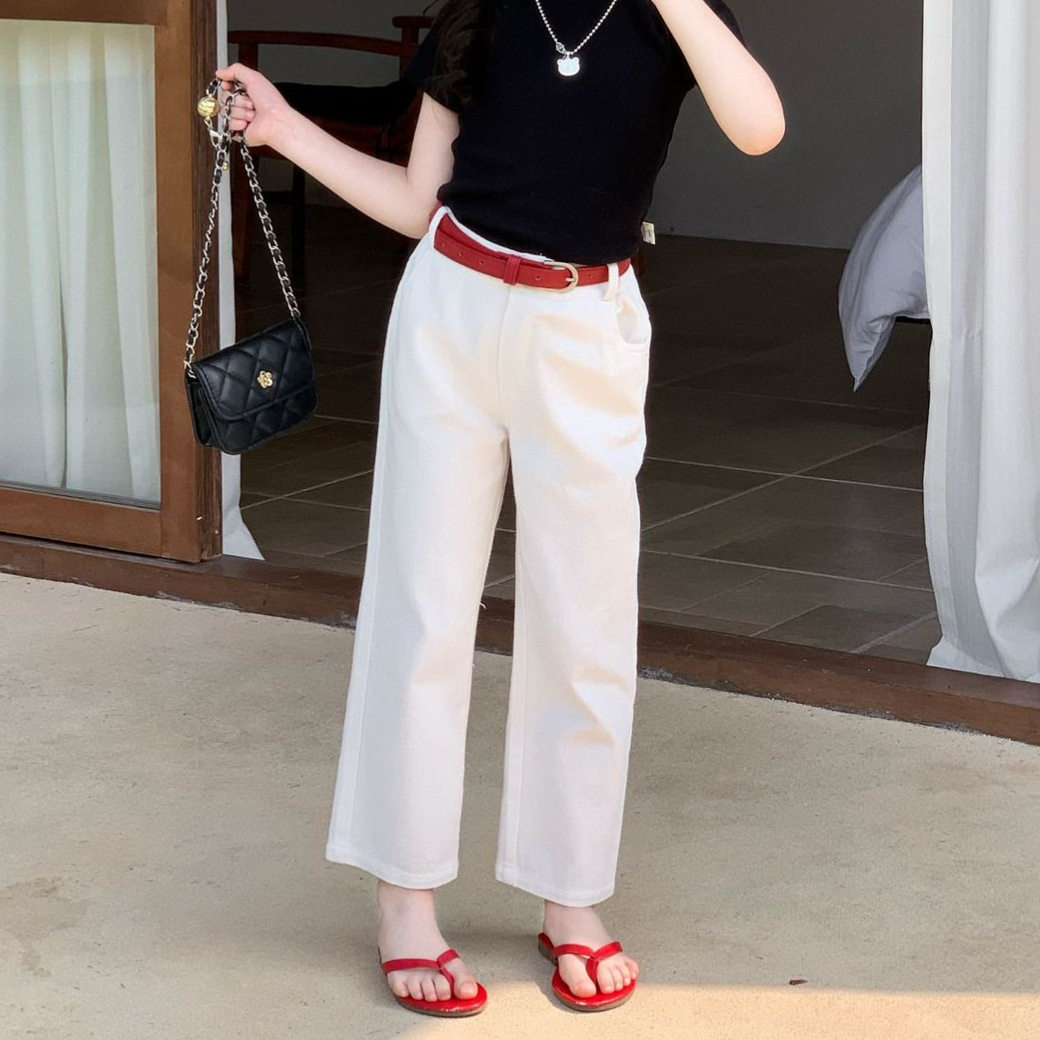 女童直筒裤2026春夏新款美式牛仔棉窄版阔腿裤百搭白色裤子ins潮