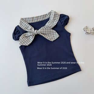 蝴蝶结短袖藏青正肩T恤 女童夏季穿搭2026t恤修身辣妹y2k上衣韩系