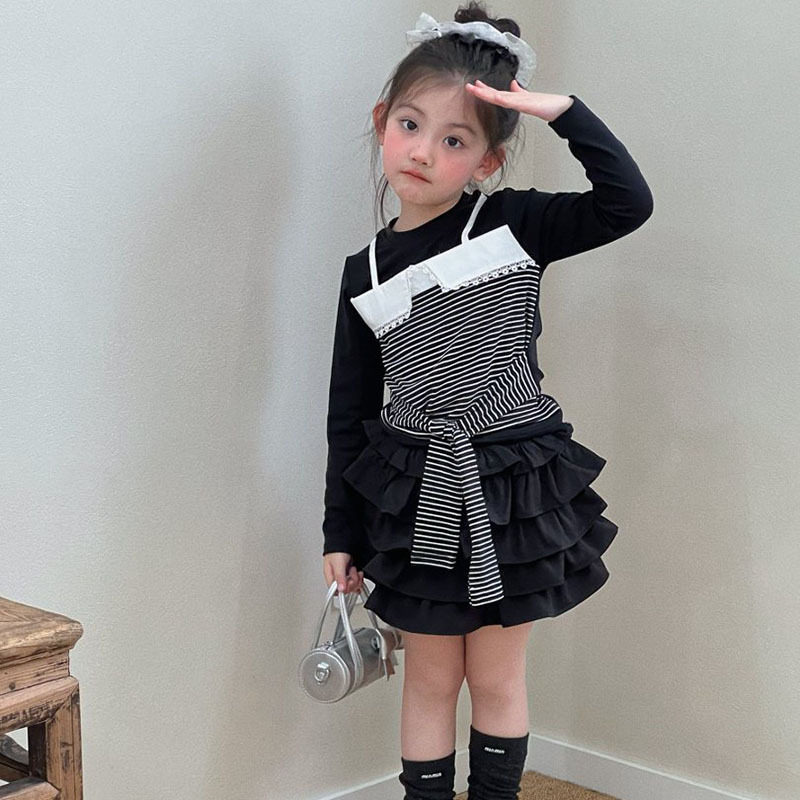 女童春季新款条纹吊带假两件上衣儿童夏季半身裙百搭蛋糕裙子春夏