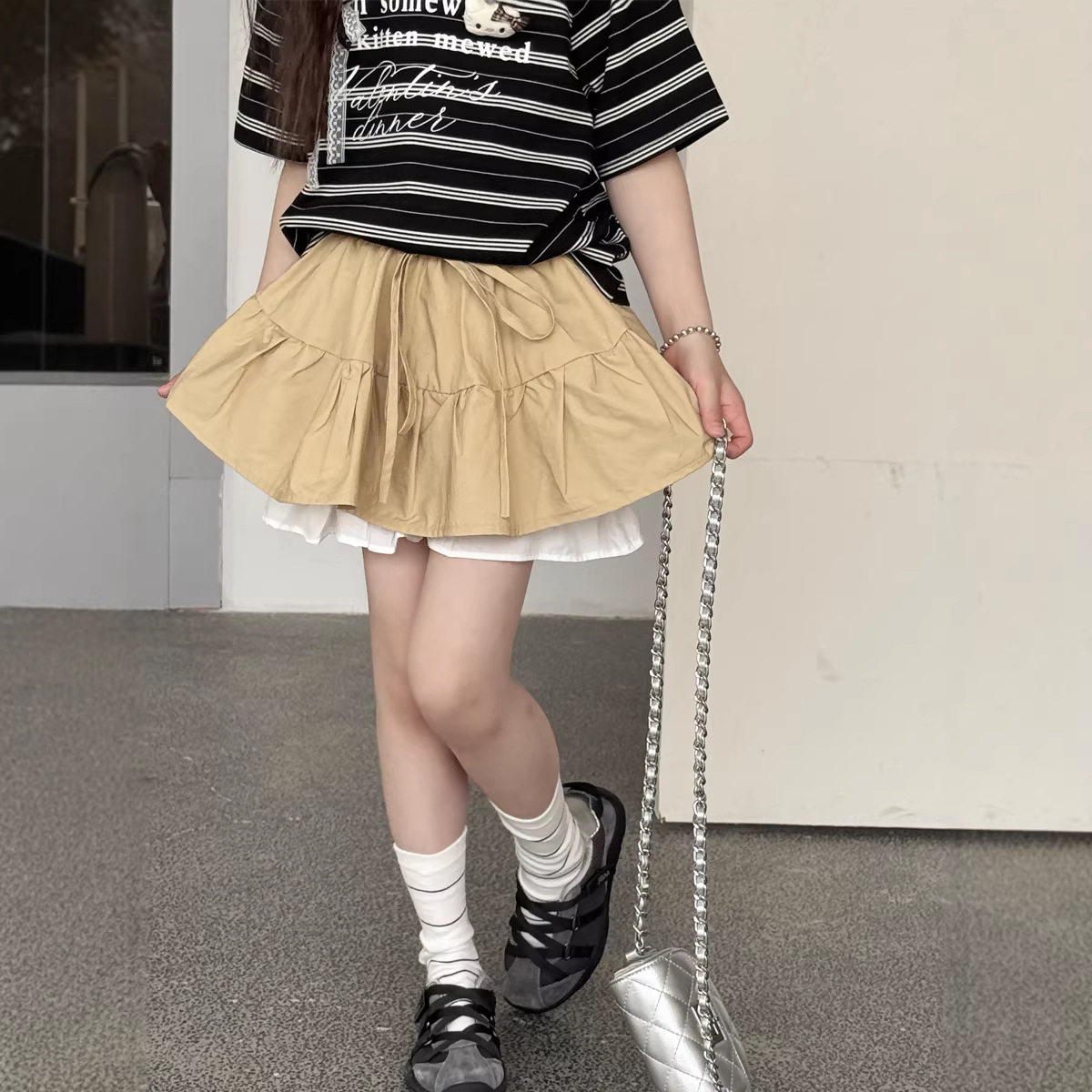 韩系夏装女童秋冬新款韩版俏皮蝴蝶结绑带毛呢半身裙A字JK短裙子