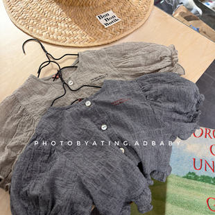 韩系夏装童装夏季女童夏装韩版麻棉泡泡袖短袖衬衫衬衣防晒衣7209