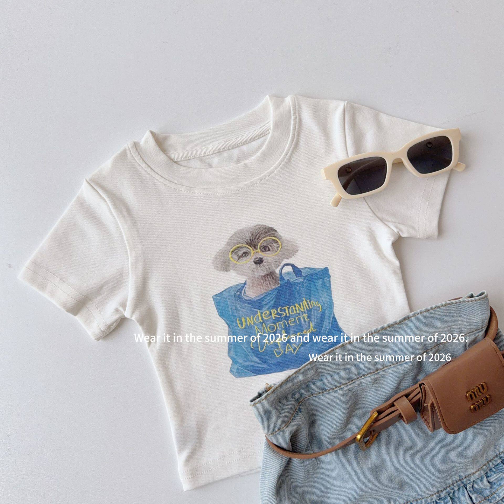 2026女童夏季韩版宽松纯色印花小狗T恤短袖打底衫上衣夏装韩系新