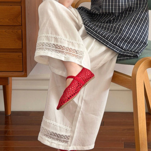 女童宽松纯色亚麻花边阔腿裤女孩2026夏季新款蕾丝镂空直筒长裤子