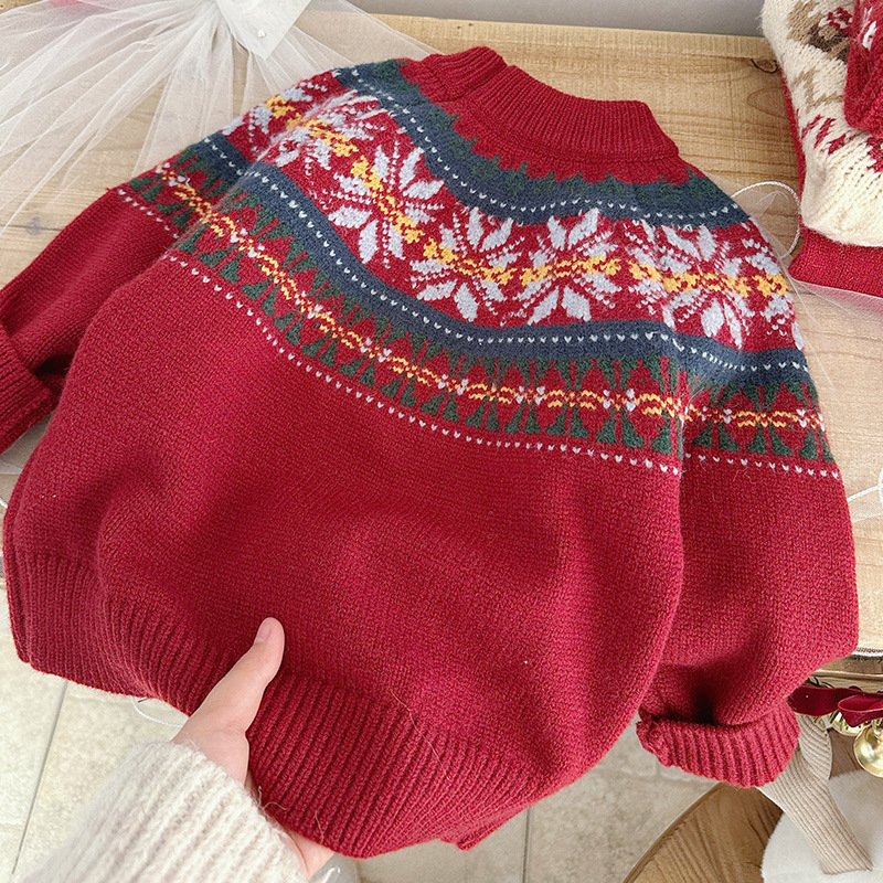 韩系线衣保暖上衣女童红色毛衣拜年服冬装儿童针织衫女孩冬季保暖