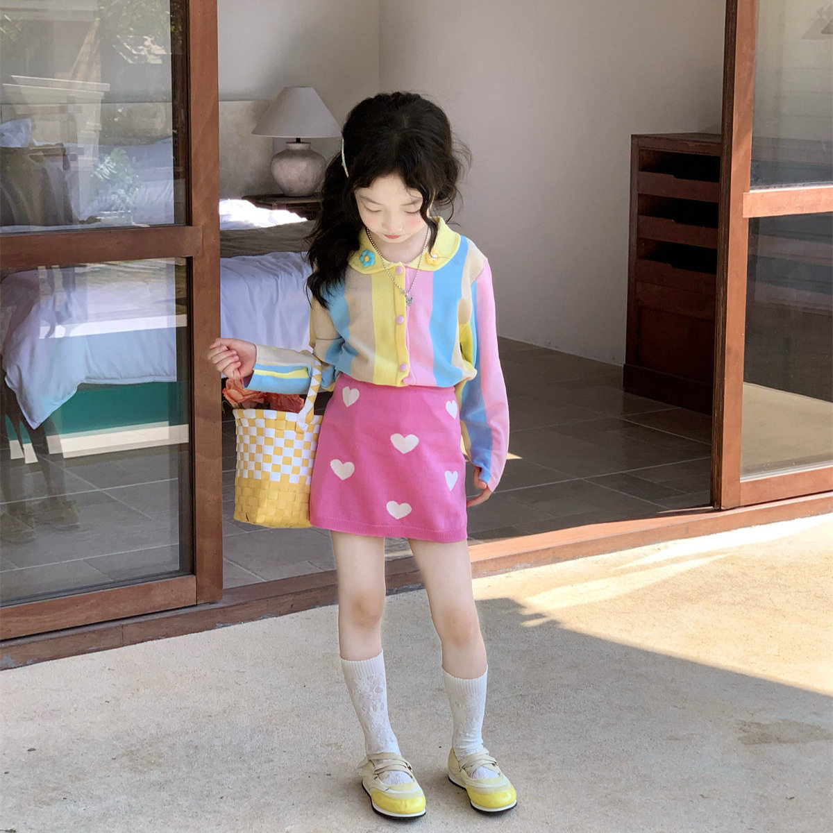 2026春夏新款 女童撞色毛衣开衫毛线半身裙子上衣针织衫春装新款