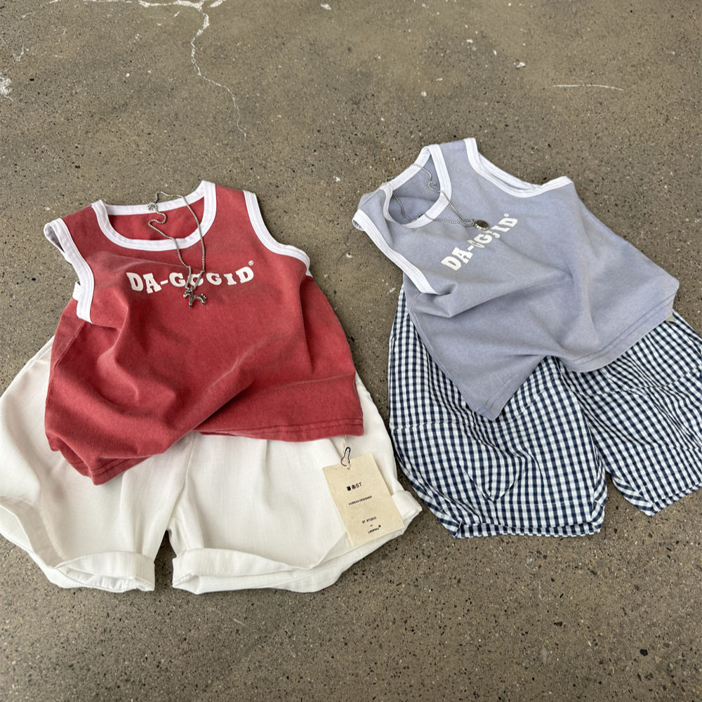 2026夏季美式儿童做旧砂洗亮色背心男童女童复古炒色宽松无袖T恤