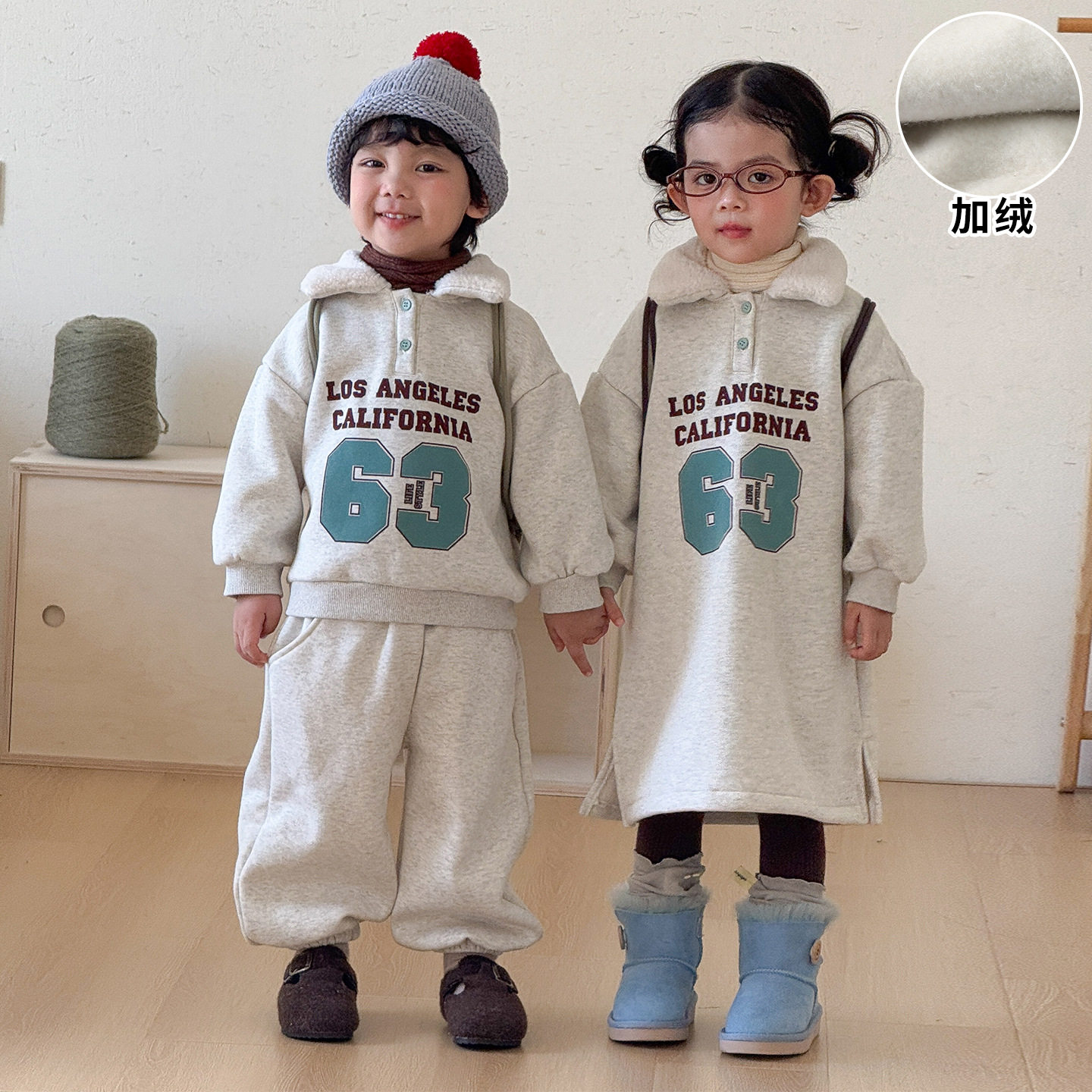 儿童秋冬季卫衣套装男童加绒毛领2026新款宝宝女童连衣裙兄妹冬装