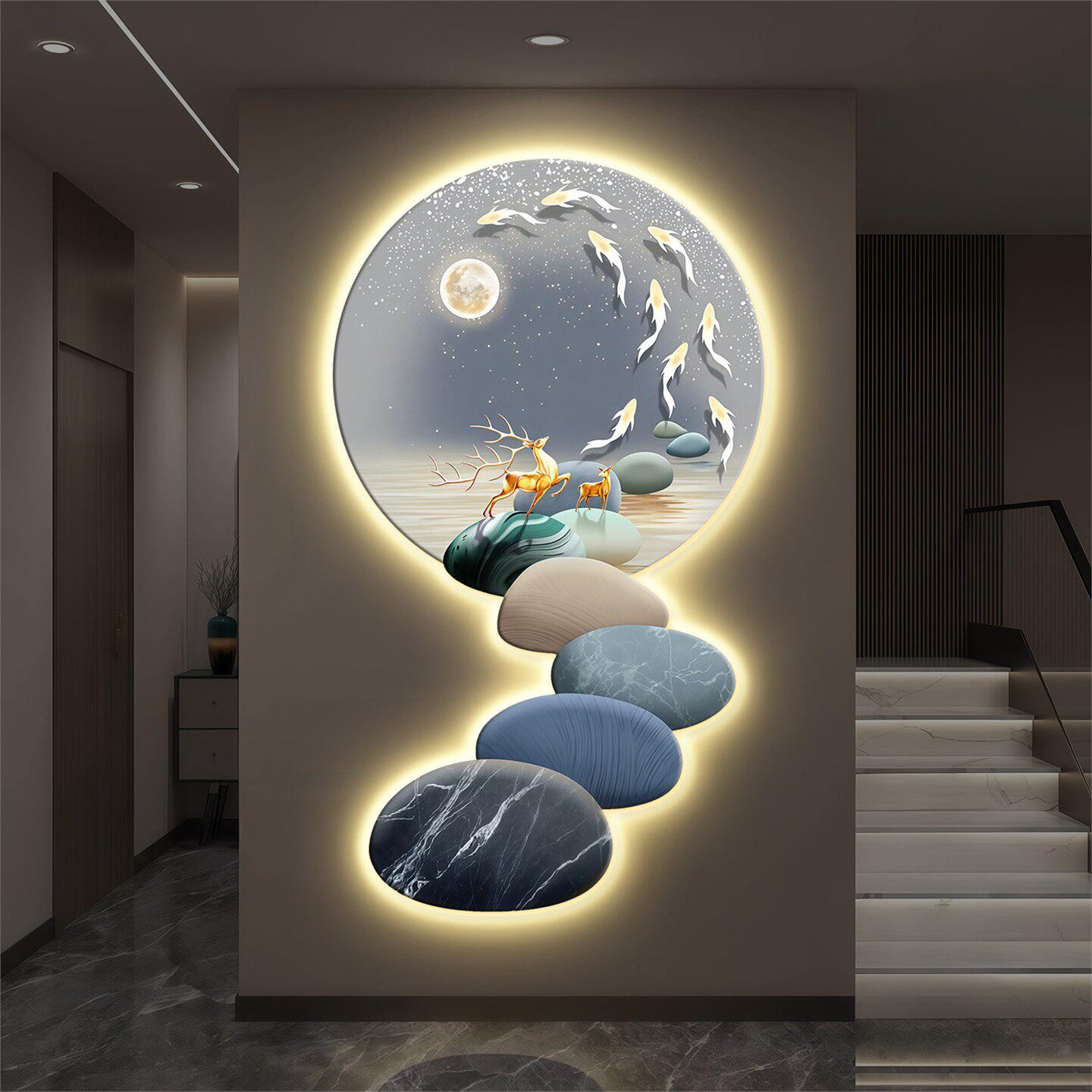 石转运来现代轻奢玄关装饰画福鹿寓意好壁画高档客厅走廊过道挂画