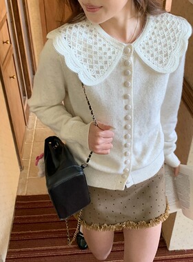 Chic Studio 早春新款 羊毛兔毛混纺钩花娃娃领针织衫