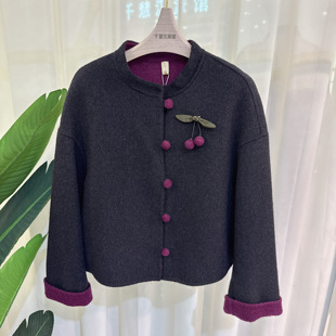 专柜正品 拼色外套百搭2025冬季 双面羊毛大衣女短款 DFSS8018时尚