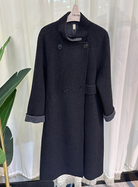 DFSS8023时尚长款毛呢外套女保暖拼色立领气质2025冬季专柜正品