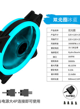 LED冰蓝双光圈电脑机箱风扇12cm极光RGB日食led变色双光圈