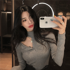 Real shot real price Plush sexy hollowed out collar bone half high neck elastic slim bottoming top