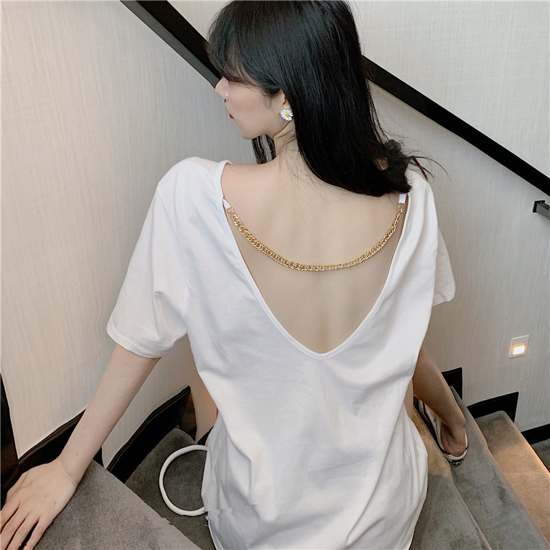 Real shot real price back chain sexy care machine open back loose short sleeve T-shirt