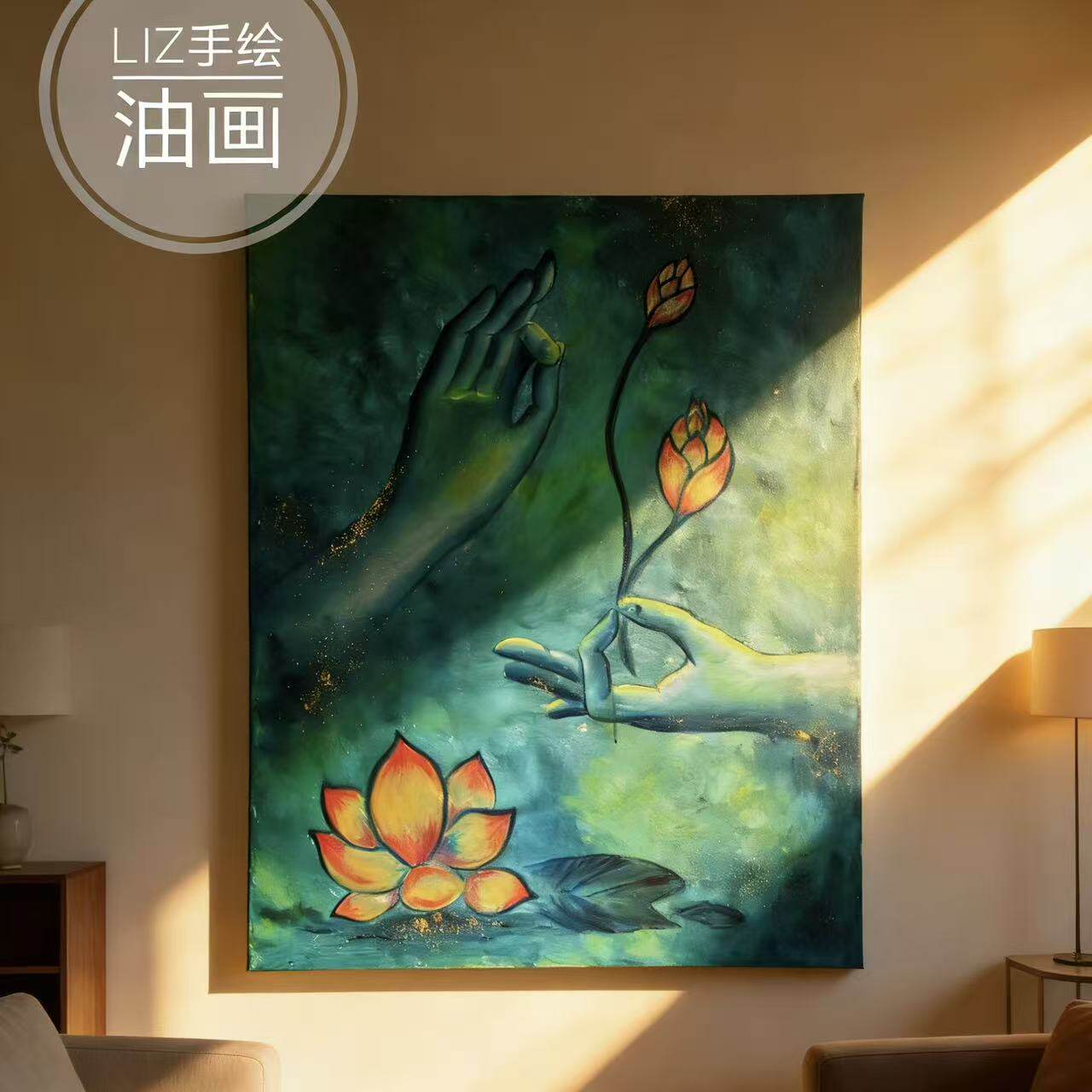 手绘佛手青绿油画中式禅房茶室装饰画佛头玄关客厅治愈系禅意挂画