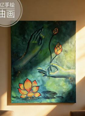 手绘佛手青绿油画中式禅房茶室装饰画佛头玄关客厅治愈系禅意挂画