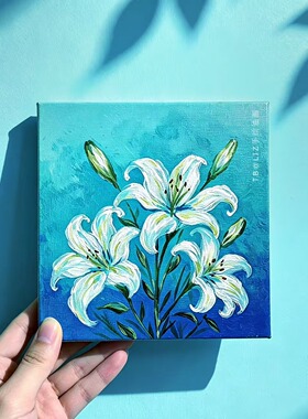 大幅迷你小油画百合清新蓝调摆件原创手绘桌面小众文艺新婚治愈系