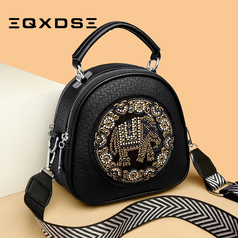 2025新款头层软皮小圆包女士宽肩带单肩斜挎包百搭大象镶钻手提包