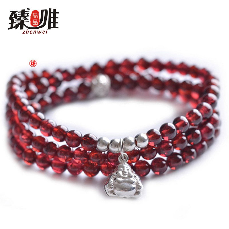 臻唯 收藏系天然石榴石手链多层女款925银佛三圈佛珠手串 礼物