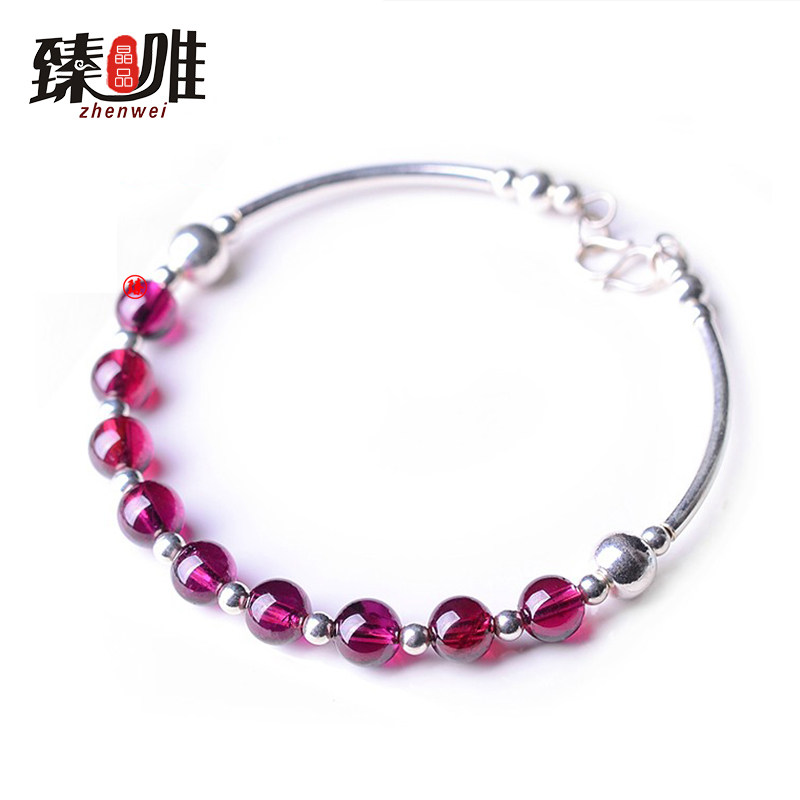臻唯 天然玫红石榴石手链 配925银 天然石榴石手镯水晶手串女款