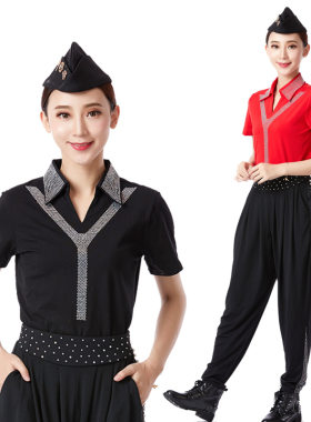 带钻新款春夏季水兵舞服装新款跳舞上衣短袖演出服吉特巴男T恤女