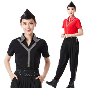 带钻新款春夏季水兵舞服装新款跳舞上衣短袖演出服吉特巴男T恤女