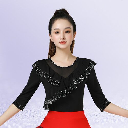 红色点帕斯舞蹈服女吉特巴演出服国标舞交谊舞三步踩上衣交叉镶钻
