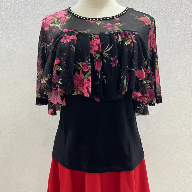 花色网纱镶钻吉特巴舞蹈服新款三步踩广场舞服装女交谊舞上衣透气