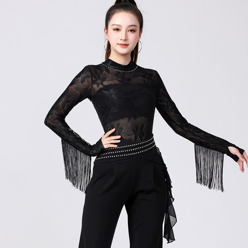 连裆长袖摩登舞演出服新款拉丁舞上衣恰恰舞表演服广场舞服装套指