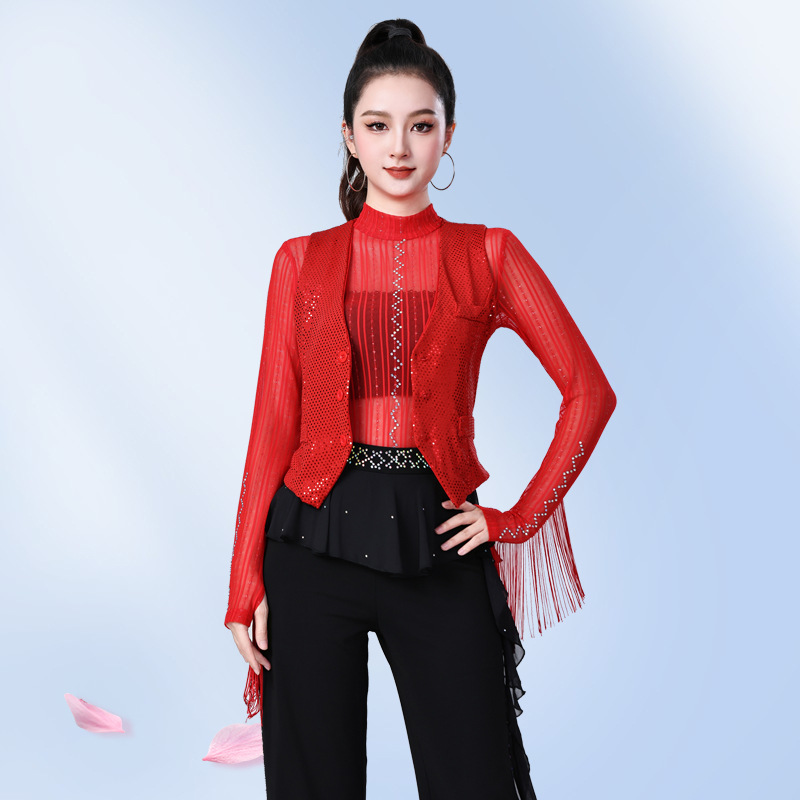 春秋季广场舞上衣新款亮片马夹女跳舞衣红色马甲坎肩三步踩舞蹈服