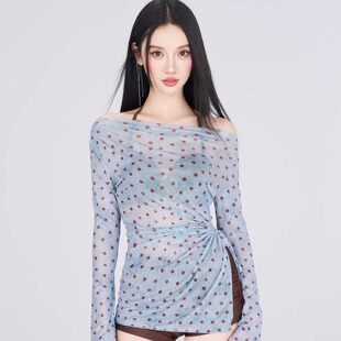 【雾蓝波点】法式复古长袖透视连衣裙女装性感露脐显瘦遮肉纱裙