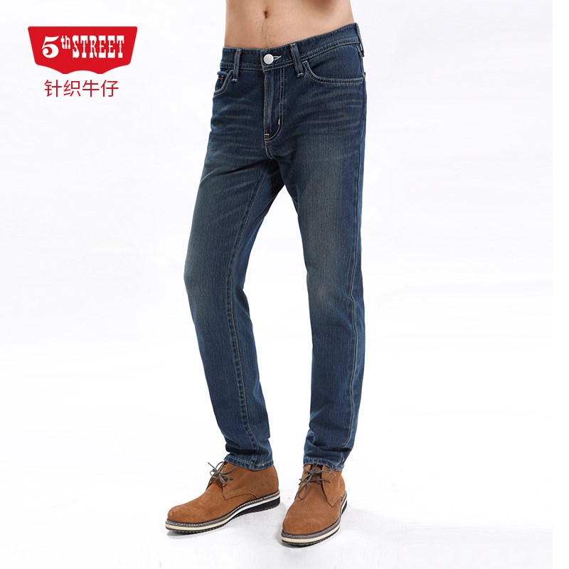 第五街男装修身弹力针织牛仔中腰小直筒休闲牛仔裤210112-221m0