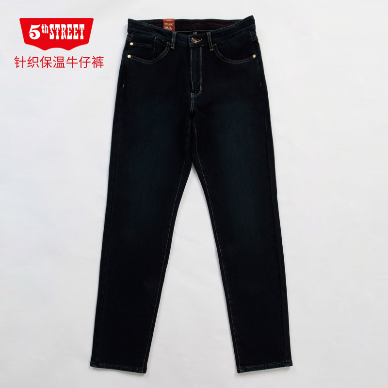 第五街男装高腰修身直筒弹力加绒针织保温牛仔裤614732-204M0